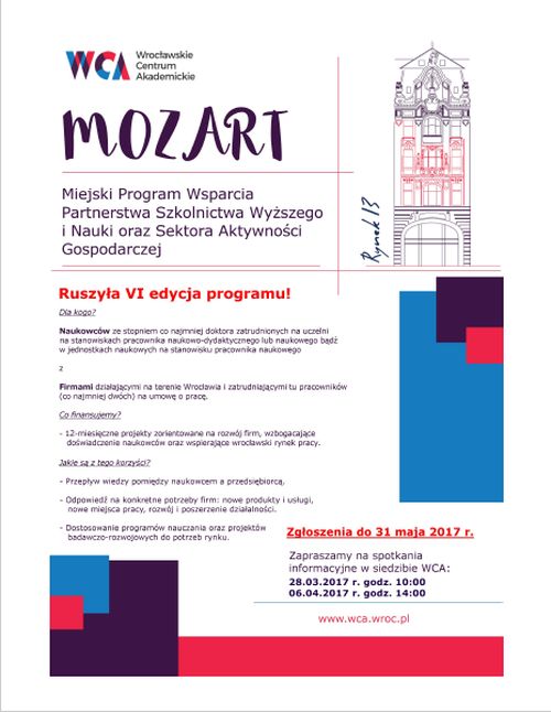 Plakat z terminami spotkań w ramach programu MOZART